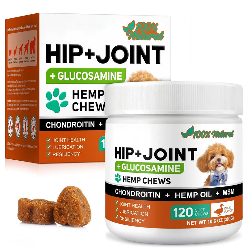 Joint Supplements For Dogs, Dog Joint Care Chews - 120 Pcs Tablets to Reduce Stiffness & Improve Mobility, with Glucosamine & Chondroitin, MSM, Lipid Mussels Joint Care Chews - Duck Flavoured