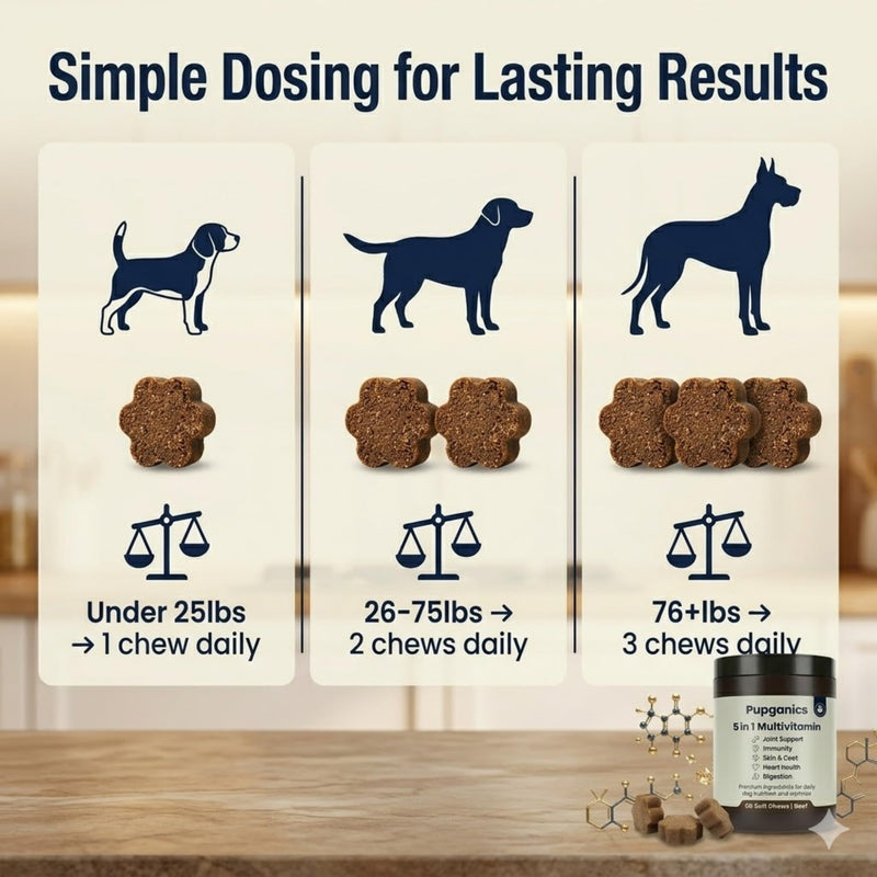 Pupganics Multivitamin Daily Soft Chews for Dogs, 5 in 1 multivitamin for Hip & Joint, Heart Health, Skin & Coat, Digestion & Immune Support, with Probiotics, Glucosamine, Vitamin A/D3/E (Beef) Beef