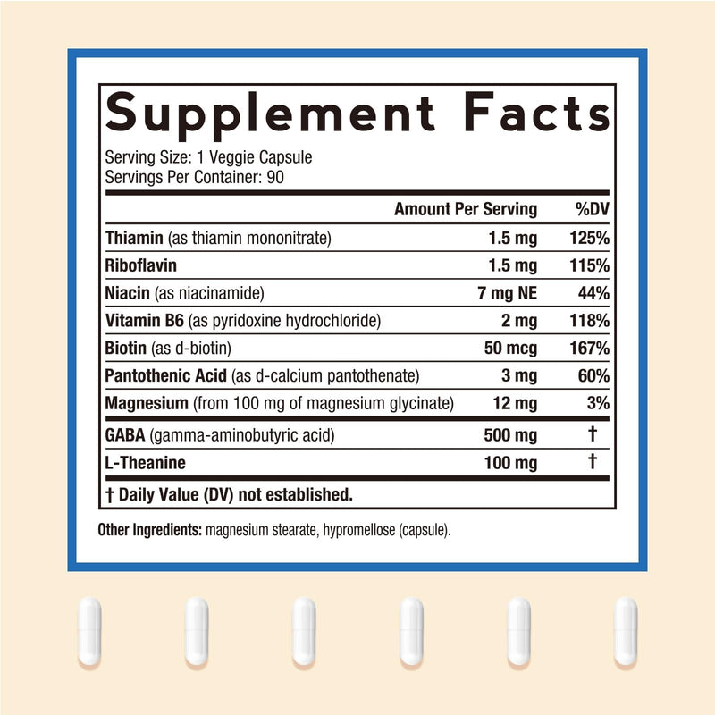 Doctor's Recipes GABA Magnesium Glycinate L-Theanine Supplement, GABA (Gamma-Aminobutyric Acid) 500mg, Vitamin B6, B1, B2, B3, B5, Biotin, Calm, Sleep, Relaxation, Mood Support, 90 Veggie Capsules