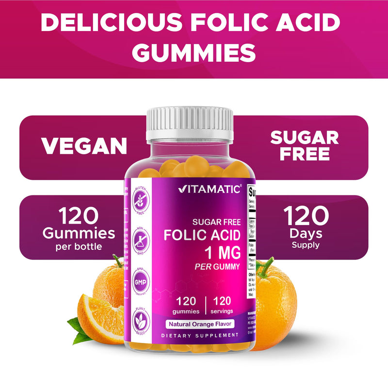 Vitamatic Sugar Free Folic Acid 1 mg Gummies 120 Count Orange Flavor-2 Pack | 1 mg Folic Acid, 1667 mcg DFE per gummy, Healthy cell growth, red blood cell formation, Gluten Free, Non GMO 60 Count (Pack of 2)