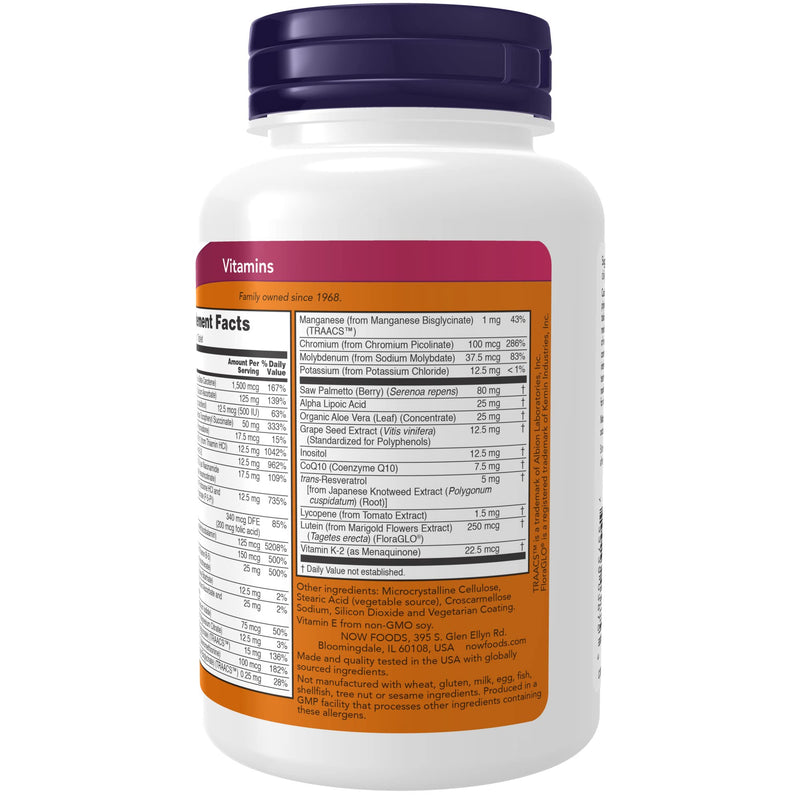 NOW Supplements, ADAM™ Men's Multivitamin with Saw Palmetto, Lycopene, Alpha Lipoic Acid and CoQ10, Plus Natural Resveratrol & Grape Seed Extract, 60 Tablets (Pack of 2) 60 Count (Pack of 2)