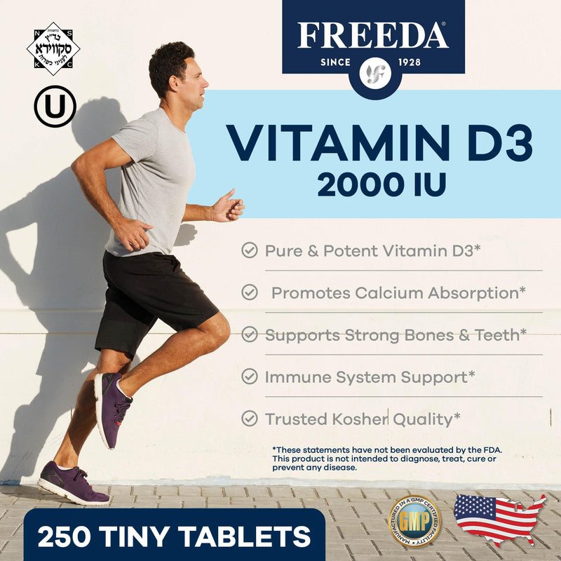 FREEDA Pure Vitamin D3 2000 IU Supplement – 250 Tiny Tablets | Moderate Strength Vitamin D3 Supplement - 50 mcg (2,000 IU) Supporting Bone, Joint, Muscle, and Immune Health for Women & Men 250 Count (Pack of 1)