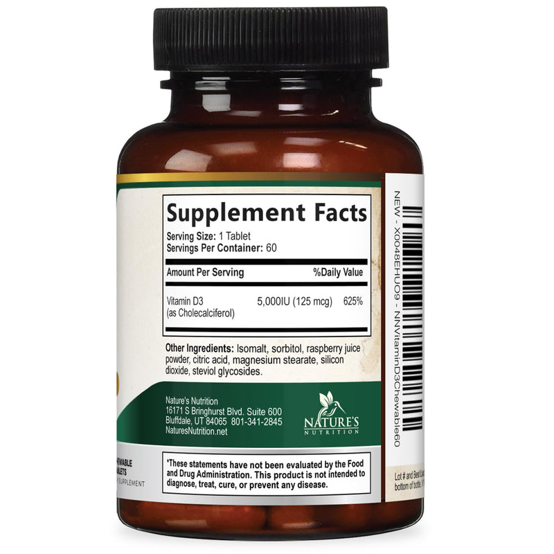 Vitamin D3 5000 IU (125 mcg) Per Serving - Extra Strength Vitamin D Chewable for Immune Support Health - Bone, Teeth and Muscle Supplements - Sugar Free, Gluten Free, USA Bottled - 60 Count Tablets 60 Count (Pack of 1)