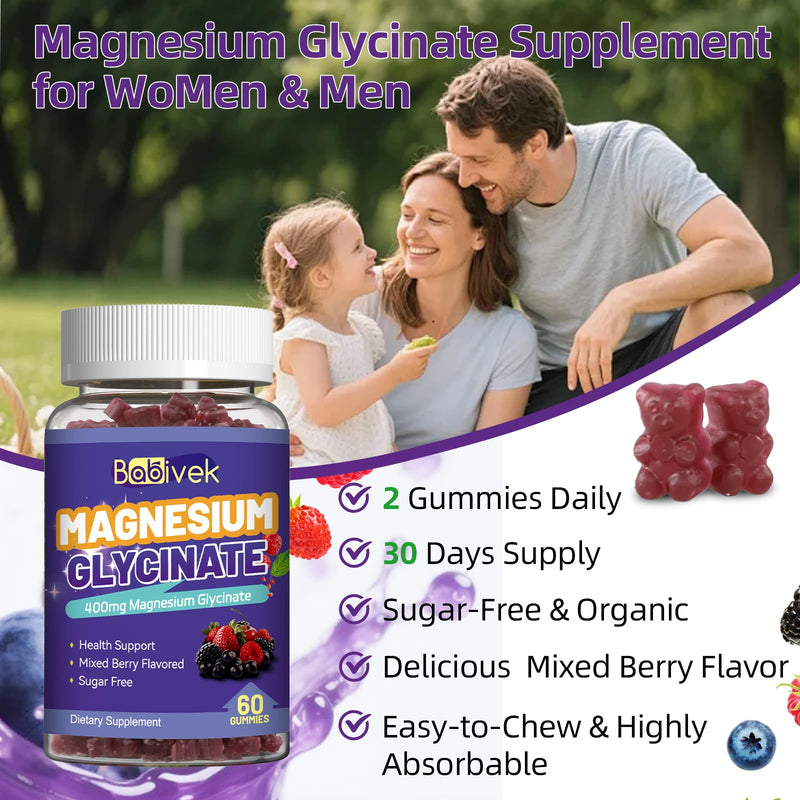 2 Pack Magnesium Glycinate Gummies with L-Threonine for Women & Men | 120 Gummies, 60 Day Supply, 400mg Magnesium Glycinate, 300mg L-Threonine, Vitamin D & B6, Sugar Free, Vegan Formula