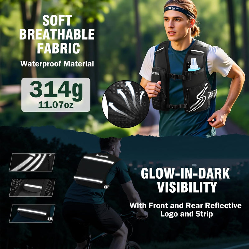 Running Vest for Women Men, Running Hydration Vest with 500ml Soft Flask & Touch-Screen Phone Pocket, Reflective Lightweight Hydration Backpack for Hiking with Adjustable Chest Waist Straps Medium-Large (Chest 33"-48")