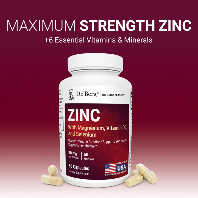 Dr. Berg Zinc 30 mg (60 Capsules) – High Potency 7-in-1 Immune Support Formula – Chelated Zinc with Vitamin D & Selenium for Healthy Skin, Hair & Daily Wellness – No Fillers, 4X Tested* 60 Count (Pack of 1)
