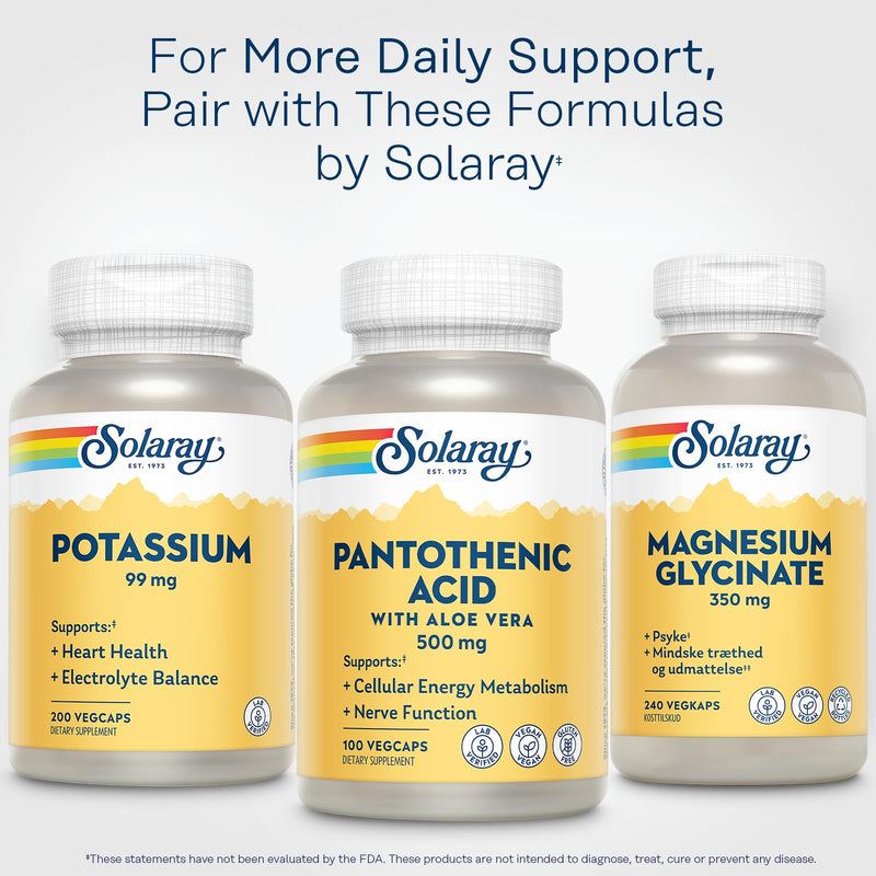 SOLARAY Pantothenic Acid 500mg - Pantothenic Acid Supplement (Vitamin B5) - Essential B Complex Vitamin - Nervous System and Cellular Energy Support - Vegan, Gluten Free, 60-Day Guaratee, 100 Servings Unflavored 100 Count (Pack of 1)