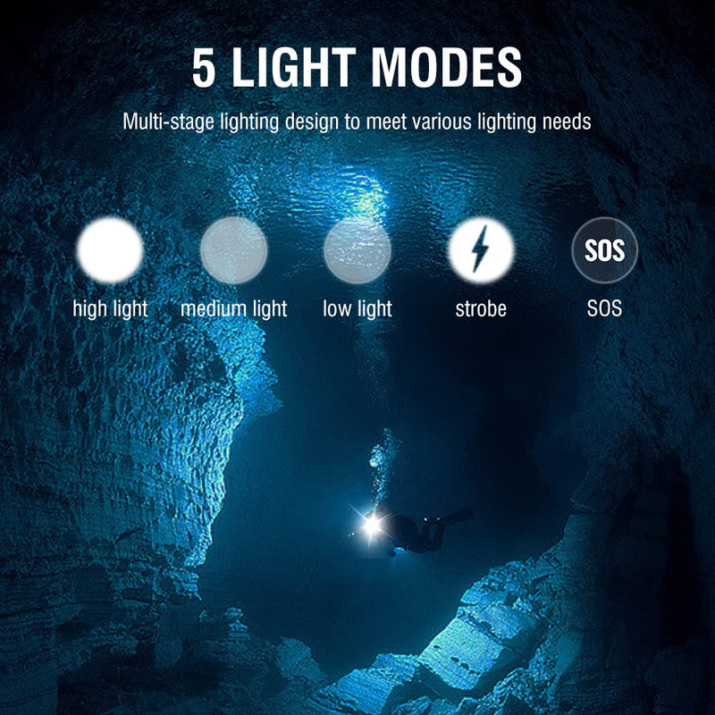 Super Bright Diving Headlamp, 5 Modes Professional Dive Headlight, Underwater 60M Head Torch for Swimming,Snorkeling, Caving,IPX8 Waterproof Dive Light with Battery and Charger