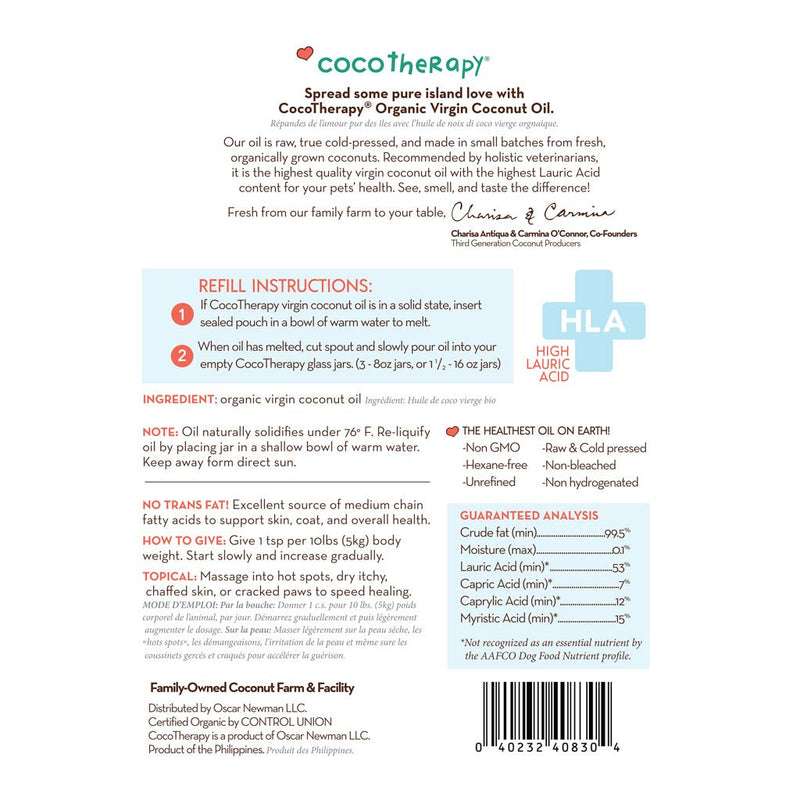 CocoTherapy USDA Organic Virgin Coconut Oil Refill Pouch, 24 Fluid Ounces, Veterinarian Recommended for Dogs, Cats and Birds�