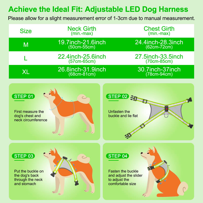 Visinite LED dog harness with light, dog harness luminous, rechargeable, 2 lighting modes, light harness for dogs, adjustable illuminated dog harness, light for safety when walking at night, green, large - BeesActive Australia