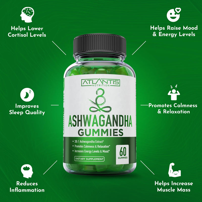 Atlantis Nutrition Ashwagandha Gummies - Ashwagandha Extract 30:1 - Promotes Calmness, Improves Mood, Boosts Energy Levels & Strengthens Immune System - Formulated w/Vitamin D & Zinc - Vegan | 60 Ct