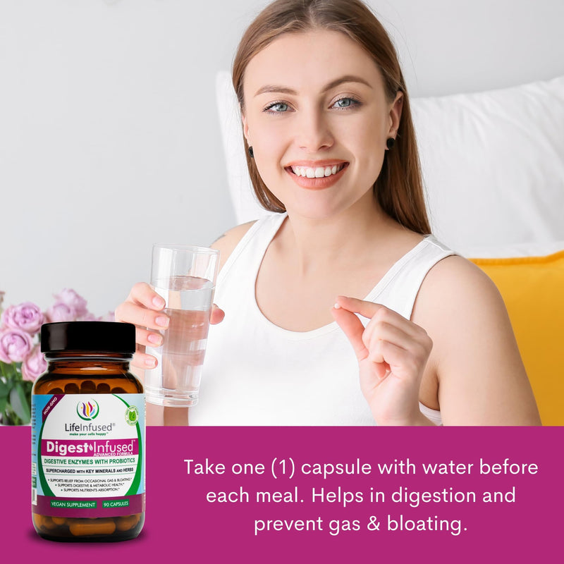 Life Infused Digestive Enzymes with Probiotics – 21 Plant-Based Enzymes with Bromelain, Papain, Amylase & Protease – Digestive Support for Gas & Bloating – 72 Trace Minerals & Herbs – Vegan – Capsules