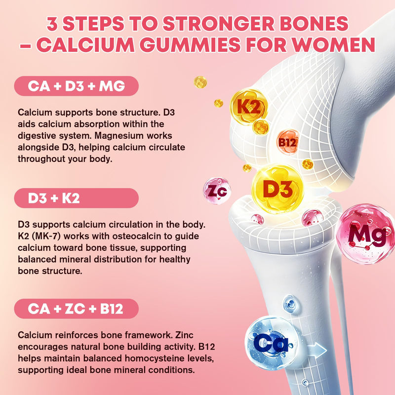 Calcium Gummies for Women，Calcium Citrate 1200 mg with Vitamin D3, K2, B12, Magnesium, Zinc & Boron, Immune Support, Calcium Supplement for Women, Vegan, Sugar-Free, 60 Count
