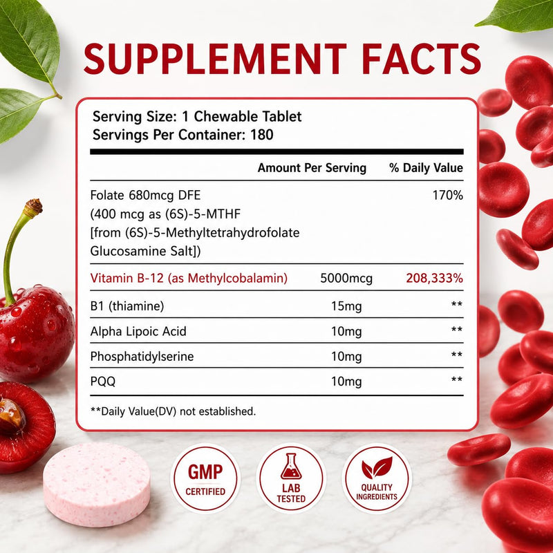 LIIFE Methylcobalamin (PQQ + Active B12) 5000 mcg |360 Cherry Tablets | 6-in-1 advanced formula, supports brain & nerve health, boosts antioxidant power and supports healthy mitochondrial function 180 Count (Pack of 2)