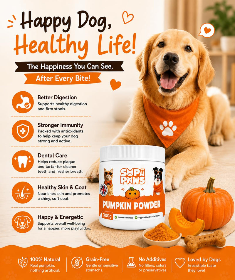 300g Pumpkin Powder for Dogs & Cats, 100% Pure Pumpkin Powder Dog Food Topper, Digestive Supplement, Naturally Rich in Prebiotics & Fibre for Dogs Gut Health & Healthy Stools 300g - Pumpkin Powder