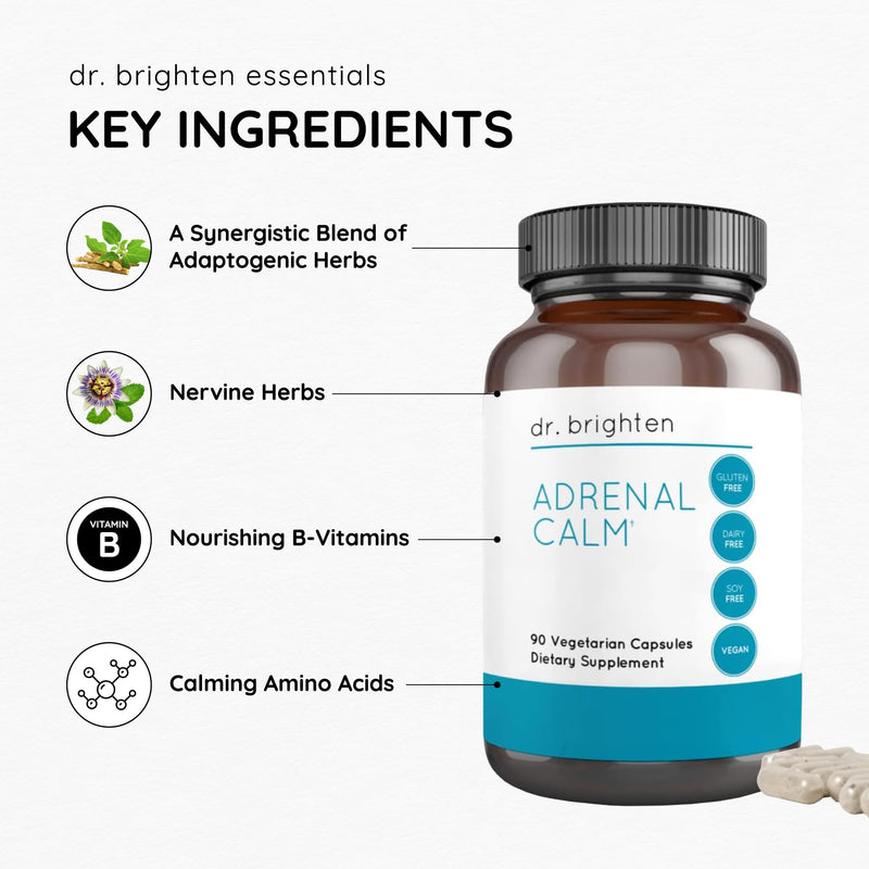 Dr. Brighten Adrenal Calm — Ashwagandha, B Vitamins, Lemon Balm and Amino Acids for Stress Relief, Better Sleep and Balanced Cortisol, Non-GMO — 90 Capsules 90 Count (Pack of 1)
