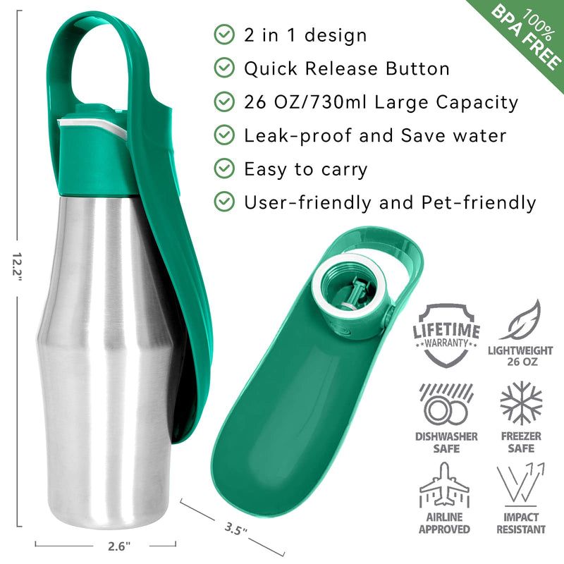Dog Water Bottle, Portable Dog Water Bottle Dispenser - 27 OZ Stainless Steel Leak-Proof Water Bottle for Dogs On The Go, Perfect for Travel, Walking, Hiking and Outdoor Activities, Green 1-Pack - BeesActive Australia
