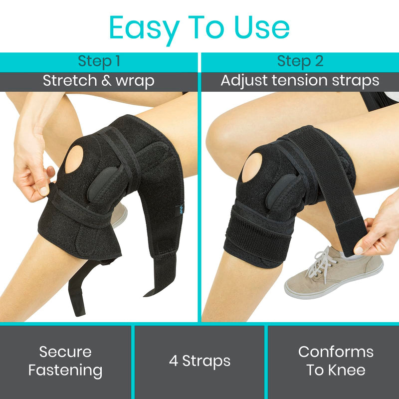 Vive Hinged Knee Brace - Relieves ACL, MCL, Meniscus Tear - Lightweight, Comfortable, Breathable Open Patella Wrap with Side Stabilizers - for Women & Men - Adjustable Strap for Tendonitis Black Small
