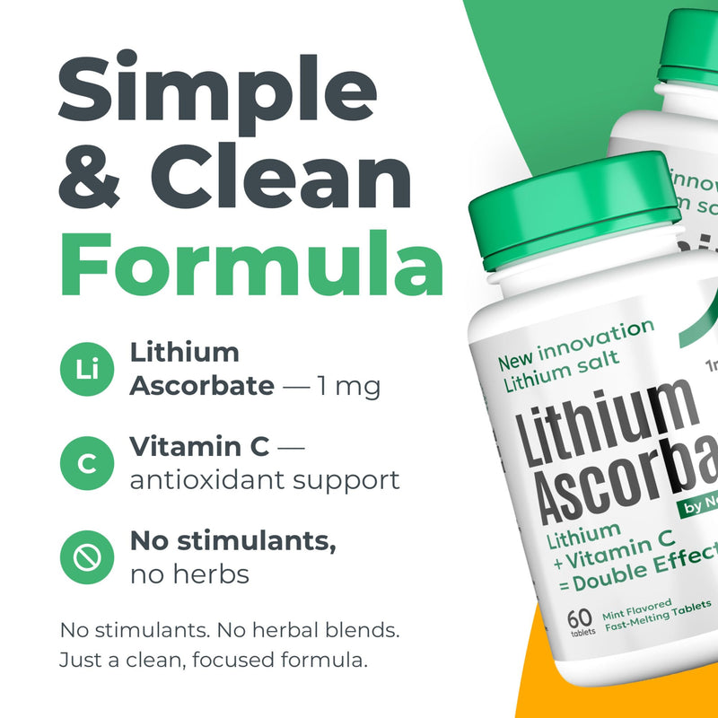 Low Dose Lithium Supplement 1mg – Non-Drowsy Calm & Focus – Fast-Dissolve Lithium Ascorbate Tablets with Vitamin C – Compare to Lithium Orotate 1mg – 60 Count 1