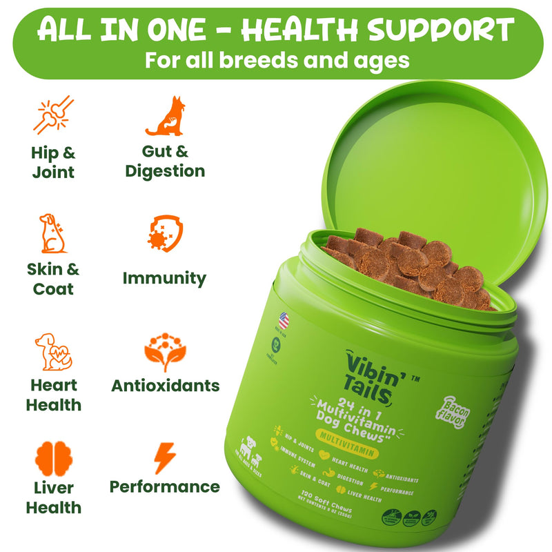 Vibin’ Tails 24-in-1 Dog Multivitamin, Glucosamine Chondroitin Hip & Joint Support, Probiotics & Omega-3, Skin & Coat - Puppy & Senior Chewable Dog Vitamins & Supplements Vet Formulated- 120ct Chicken Chicken - 120 Chews