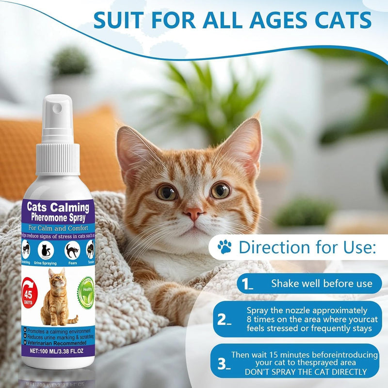 Cat Calming Pheromone Spray for Stress & Anxiety Relief – Reduces Scratching, Urine Spraying, Hiding – Drug-Free & Vet Recommended – Feline Calm Spray with F3 Facial Pheromone 2 * 100mL 8.9oz Blue