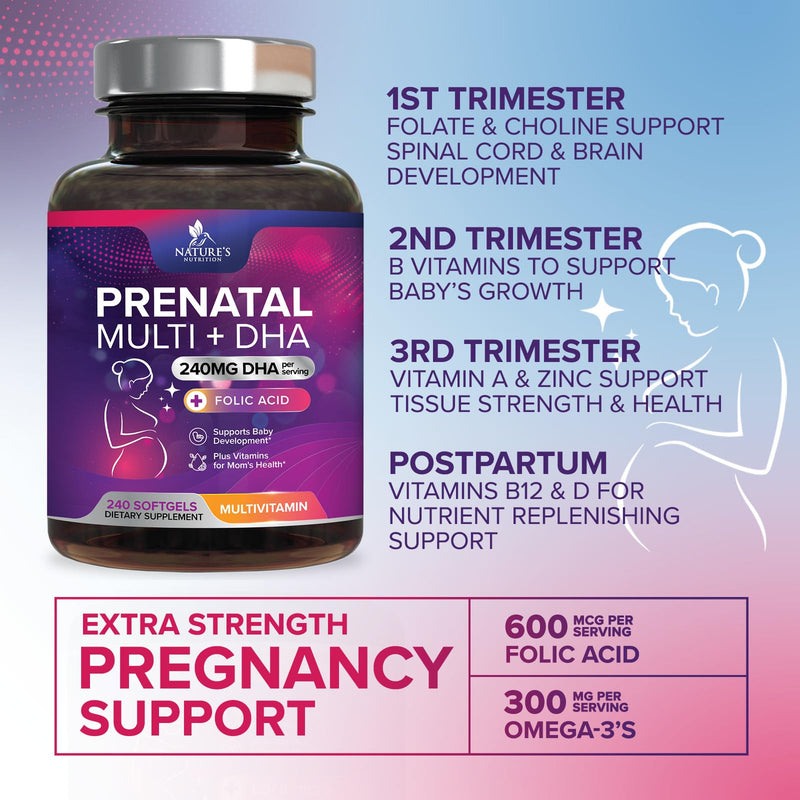Prenatal Vitamins for Women with Folic Acid + Omega 3 DHA for Fetal Brain Development, Best Prenatal Vitamin Supplement, Daily Pregnancy Multivitamin Nutritional Support, Non-GMO - 240 Softgels 240 Count (Pack of 1)