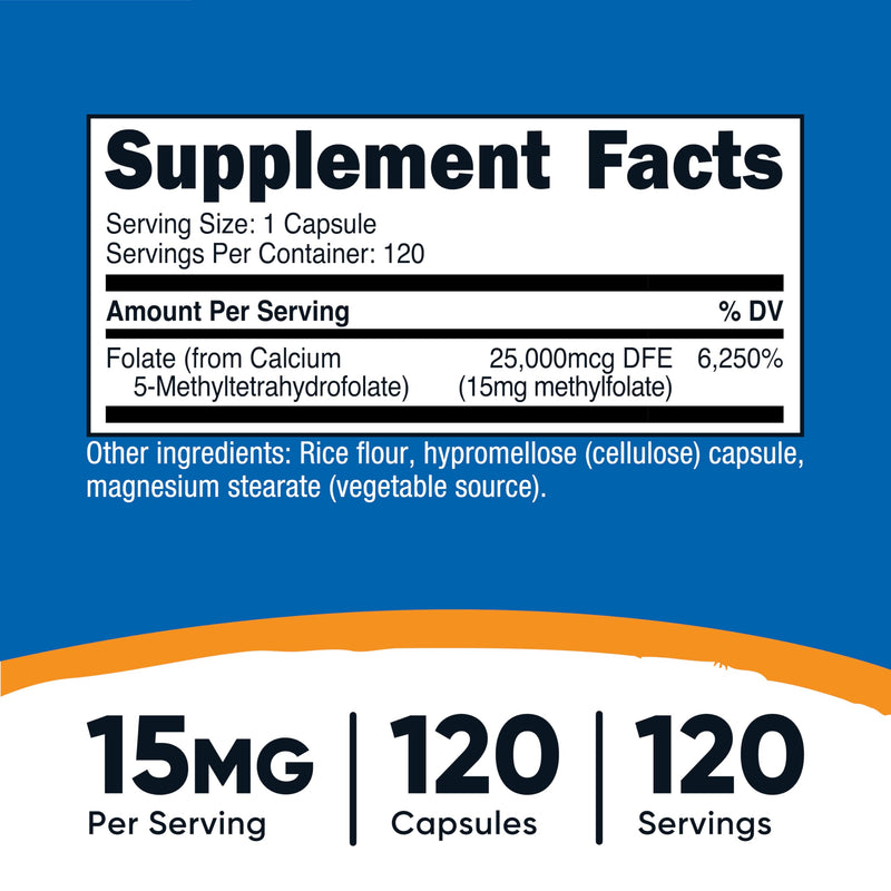 Nutricost L-Methylfolate 15mg, 120 Capsules (5-MTHF) - Vegan, Non-GMO, Gluten Free (Pack of 2) 120 Count (Pack of 2)