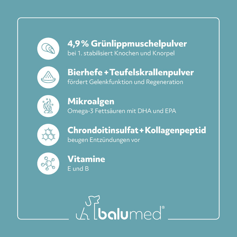 balumed® snacks bones and joints highly concentrated with green-lipped mussel for dogs, treats with prebiotics, postbiotics, brewer's yeast, devil's claw, chondroitin & collagen, vitamins E + B, 325 g - BeesActive Australia