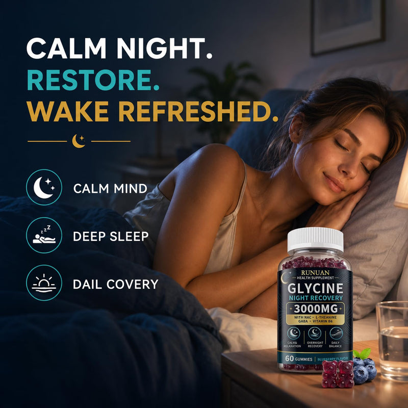 Glycine Gummies 3000mg Sleep Support with NAC, L-Theanine, GABA & B6, 60 Ct | 3g Glycine Supplements for Sleep Support, Nerve & Brain Health, Non-GMO, Sugar Free, Vegan, Blueberry Flavor