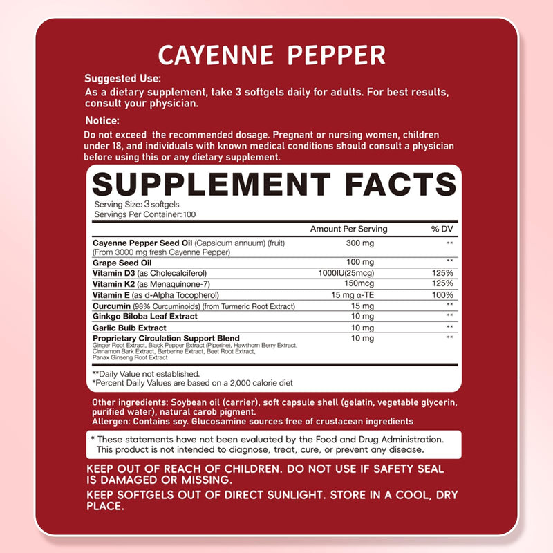 Cayenne Pepper Capsules, 15-in-1 Cayenne Pepper Supplements with Vitamin D3, K2, E & Grape Seed Oil, Supports Leg Vein, Heart and Blood Vessel Health, Daily Herbal Capsaicin Supplements, 300 Softgels