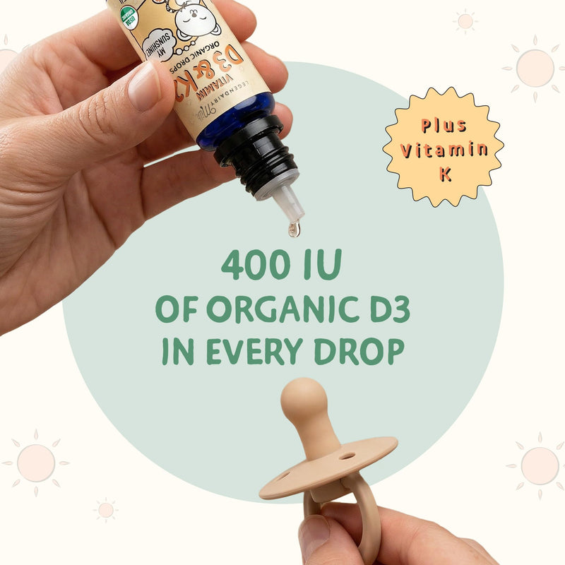 Legendairy Milk Organic Baby Vitamin D3 K2 Liquid Drops 400 IU 90 Servings | Plant based D3 plus K2 MK-7 for babies and toddlers in one daily drop; USDA Organic, vegan, sugar free and made lanolin-free.