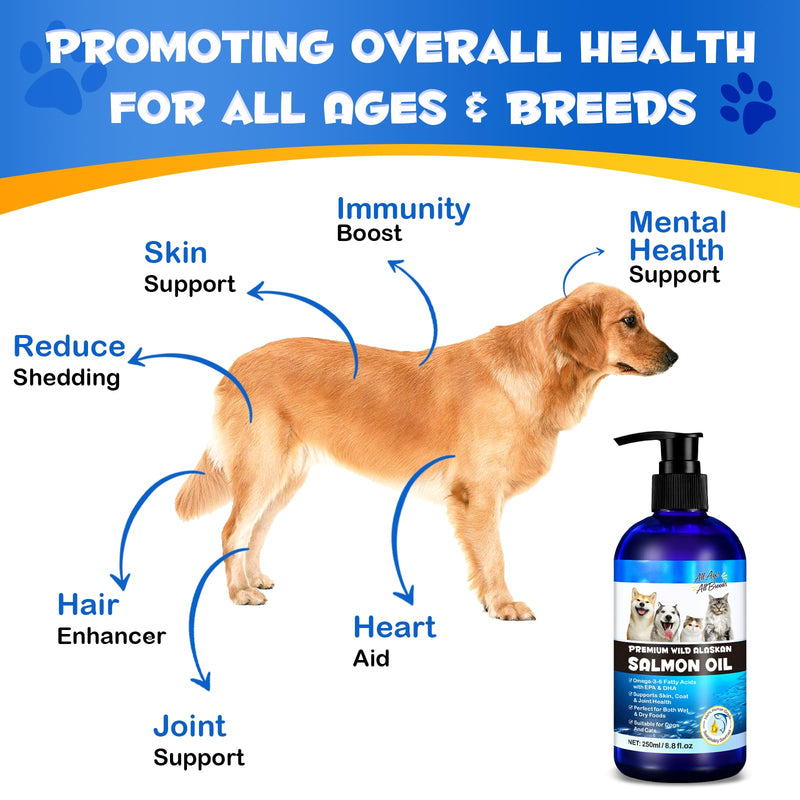 Alaskan Salmon Oil for Dogs & Cats 250ml – Natural Omega 3 & 6 Fish Oil Supplement with EPA & DHA – Supports Skin, Coat, Joints, Brain & Heart – Anti-Inflammatory Pet Supplement for Dogs and Cats