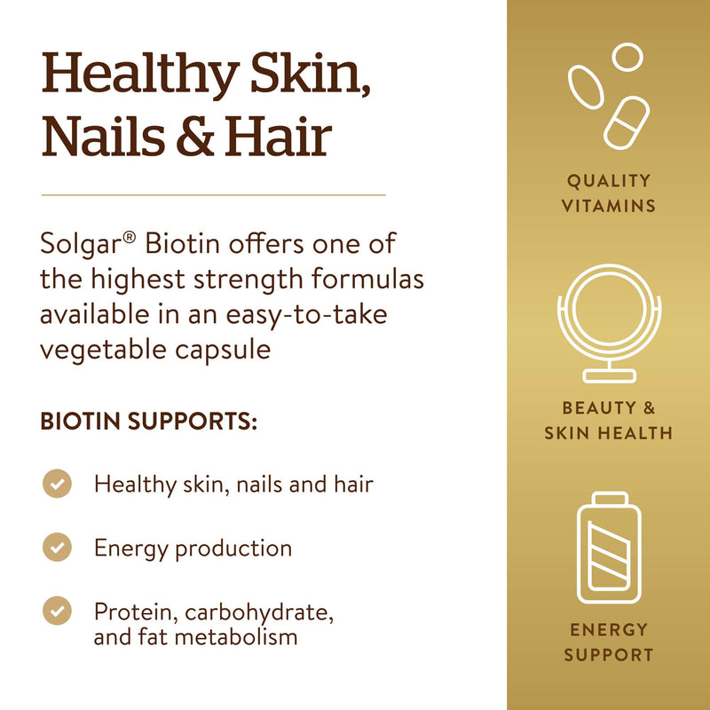 Solgar Biotin 10,000 mcg, 60 Vegetable Capsules - Non-GMO, Gluten Free | Energy, Metabolism, Promotes Healthy Skin, Nails & Hair - Super High Potency - Vegan, Dairy Free, Kosher - 60 Servings 60 Count (Pack of 1)