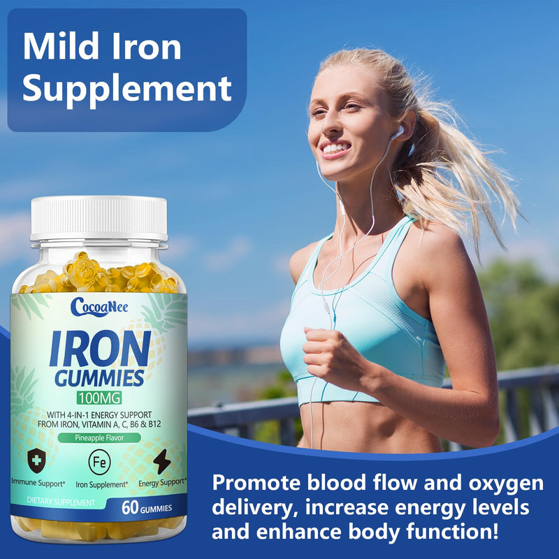 2 Pack 100MG Iron Supplements, Iron Gummies for Women & Men - Vitamin C, A, B12 - Complex, Improve Absorption, Energy Boost, Iron Deficiency for Adults & Kids - Complex Folate, Zinc, 120Cts 60 Count (Pack of 2)
