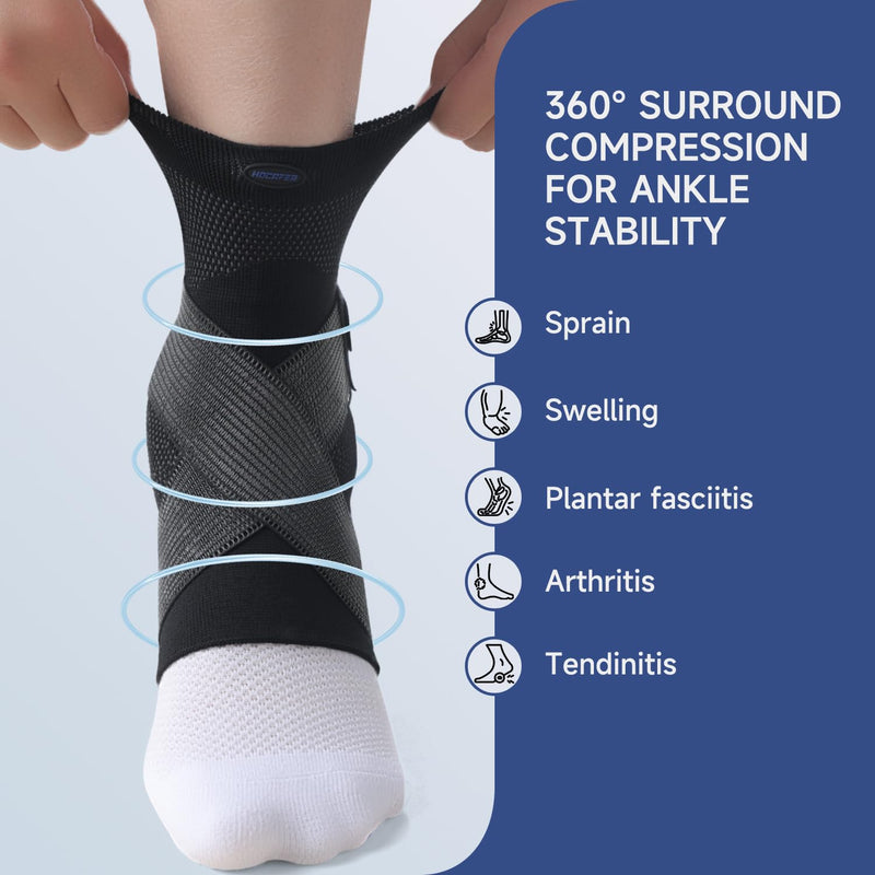Hocafer Ankle Brace for Women ＆ Men, Ankle Compression Sleeve with Ankle Silicone Pad, Ankle Support for Plantar Fasciitis, Arthritis(Black, M, Right) Right, M Black