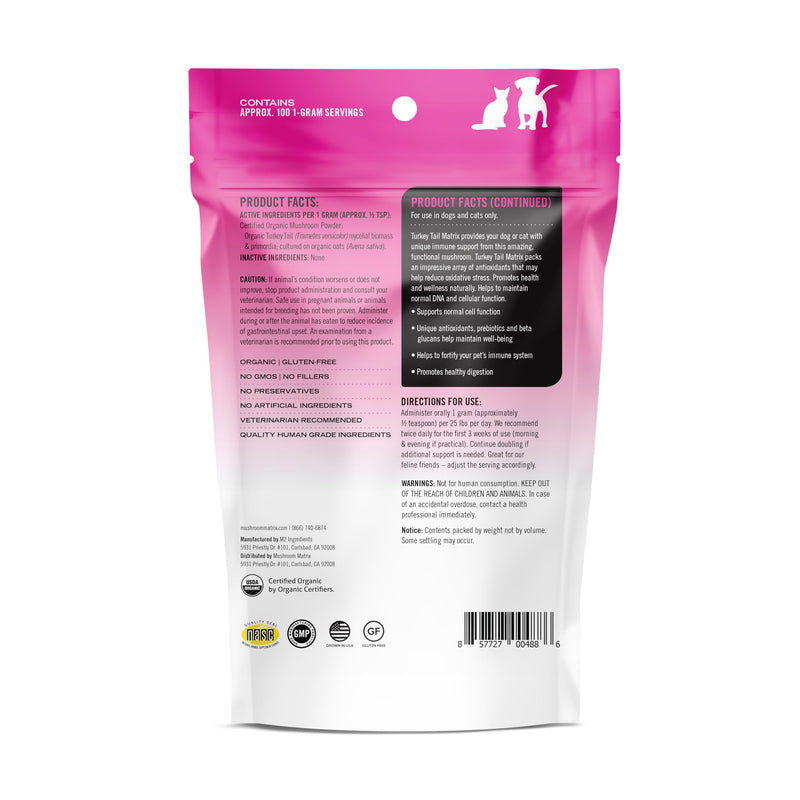 Om Mushroom Matrix Pet - Canine | Turkey Tail | USA Grown Human-Grade Organic Mushroom Powder Pet Supplement | Immunity Support & Holistic Defense for Dogs & Cats | 100 Grams, 3.5 oz - PawsPlanet Australia