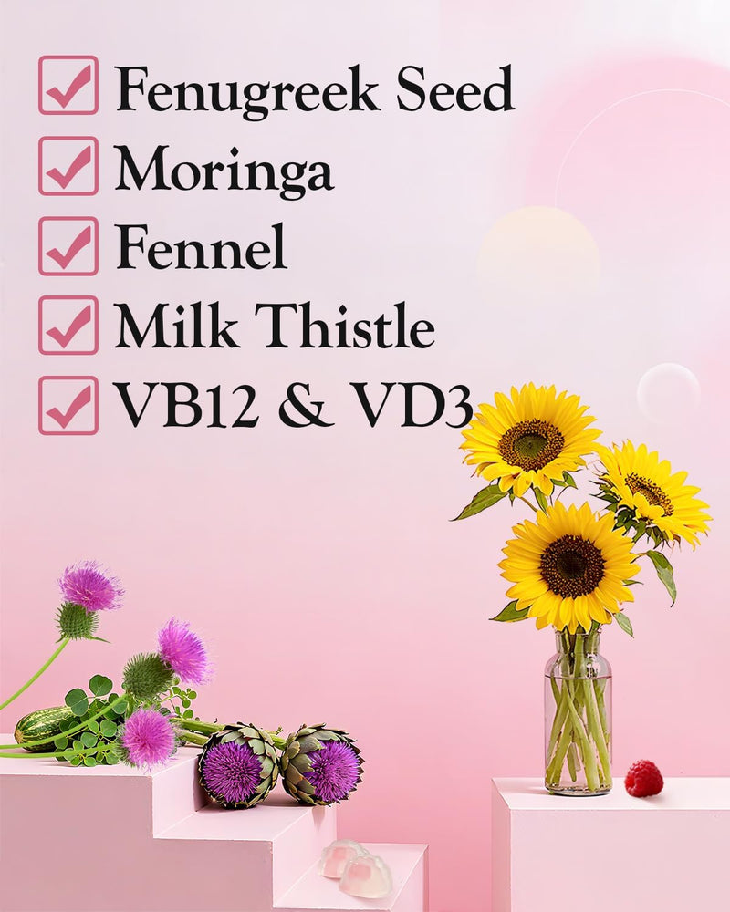 Lactation Support Gummies – Herbal Blend with Fenugreek, Moringa & Fennel – Postnatal Vegan Vitamins B12 & D3 – Natural Breast Milk Booster for Nursing Moms – Raspberry Flavor, 60 Gummies