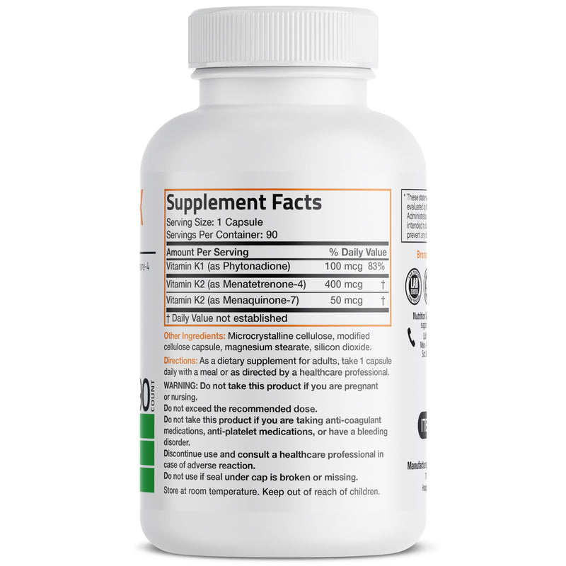 Bronson Vitamin K Triple Play Full Spectrum K1 & K2 MK-4/MK-7, 90 Capsules | 550 mcg Total Vitamin K: 100 mcg K1 + 450 mcg K2, Strong Bone Support, Non-GMO & Gluten-Free Unflavored 90 Count (Pack of 1)