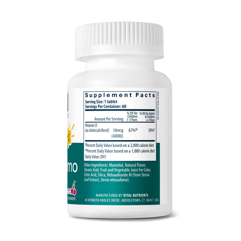 Vital Nutrients D3 Dynamo | Kids' Vitamin D | Dissolvable Vitamin D Supplements | Sugar-Free, Gummy-Free Cherry Flavor Melts | Vegan, Dairy, Gluten Free | 60 Servings