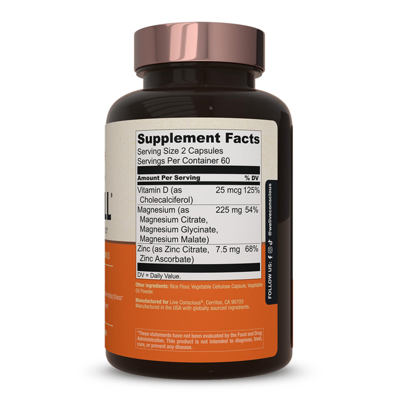 Live Conscious Magnesium Zinc & Vitamin D3 - Bioavailable Forms of Magnesium - Malate, Glycinate, Citrate - MagWell Bone & Heart Health, Immune System Support - 120 Capsules (2-Pack) 120 Count (Pack of 2)