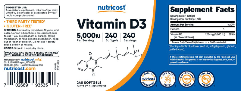 Nutricost Vitamin D3 5,000 IU, 240 Softgels - Non-GMO and Gluten Free Vitamin D 240 Count (Pack of 1) - BeesActive Australia