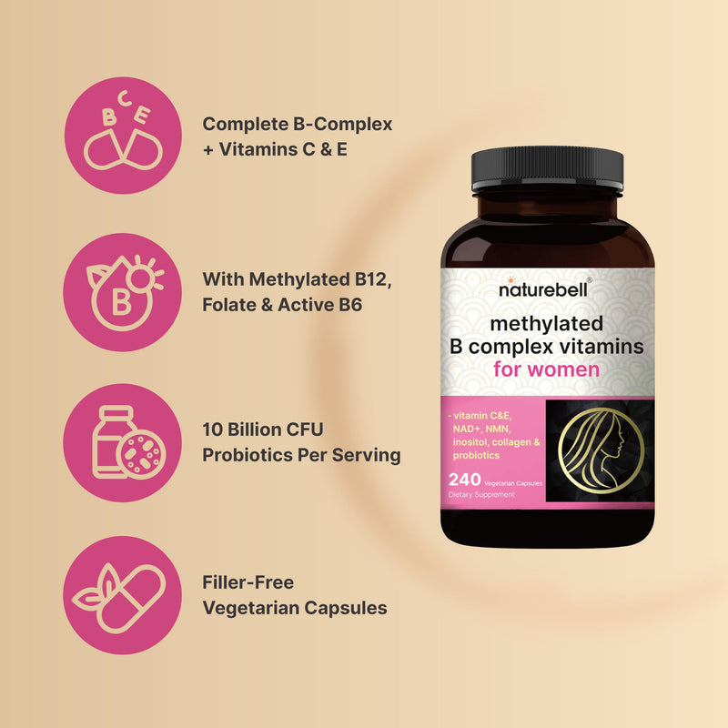 NatureBell Methylated B Complex Vitamins for Women, 240 Veggie Capsules | with Methylfolate, B12, Inositol, Choline, Vitamin C, E, Probiotics, Collagen & NMN | Energy Support* | Non-GMO, Filler Free