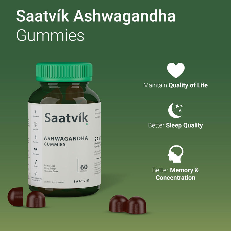 Saatvik Zero Sugar Ashwagandha & Vitamin D Gummy - 60 Count - Mixed Berry, KSM-66, Vegan, Plant Based, Non-GMO, Gluten-Free & Gelatin Free Relax. Restore. Unwind, Pack of 1