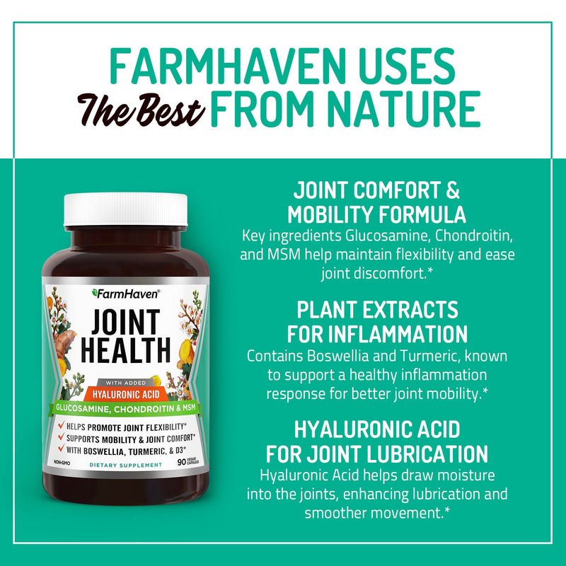 FarmHaven Glucosamine Chondroitin MSM with Boswellia, Turmeric| Added Hyaluronic Acid & Vitamin D3 | Promotes Joint & Muscle Health & Inflammation Response | Non-GMO & Gluten Free | 90 Capsules | Supports Joint Health and Healthy Inflammation Response ...