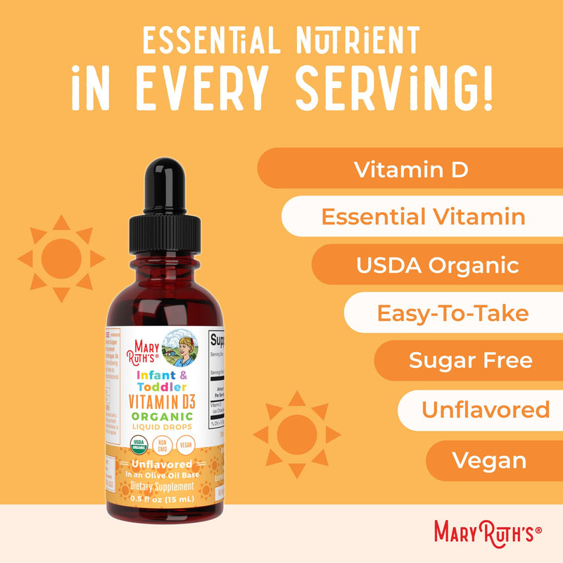 MARYRUTH'S USDA Organic Vitamin D3 Drops, Vegan, Sugar Free | Immune Support, Gluten Free, Non-GMO, 90-150 Servings Infant & Toddler