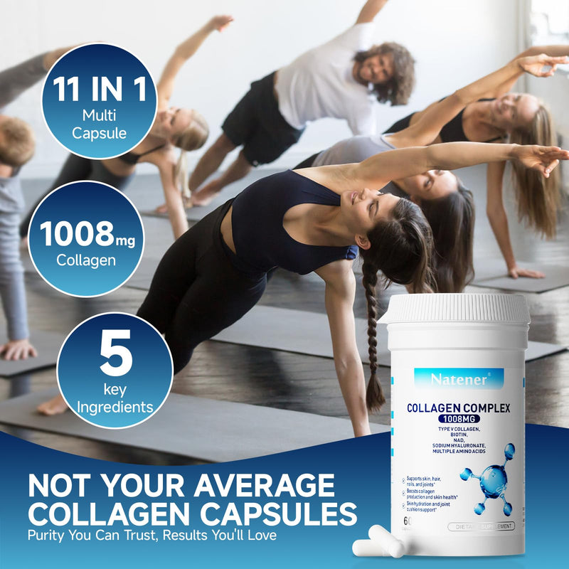 11 in 1 1008mg Collagen Complex Proprietary Blend with Type V Collagen, Biotin, Hyaluronic Acid - Multi Collagen Capsules for Women Men Supports Skin, Joints, Hair & Nails, 60 Capsules