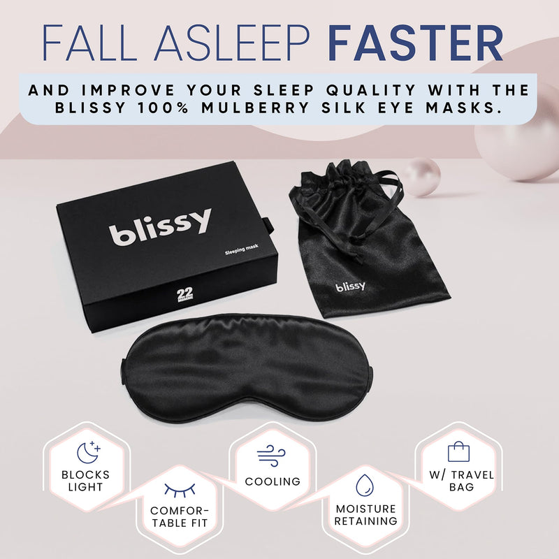 Blissy Silk Sleep Mask - Silk Eye Sleeping Mask for Women & Men for Total Blackout - Silk Eye Mask - 100% Pure Mulberry Silk, 22 Momme 6a Fibers - Blindfold Silk Sleep Mask Side Sleeper Eye Cover Black - BeesActive Australia