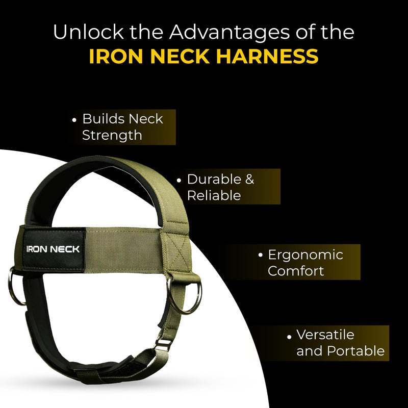 Iron Neck , Versatile Neck Exerciser, Strengthener and Trainer with Adjustable Head and Chin Strap, Portable Head Harness for Weight Lifting, Home and Gym Use Olive Green - Classic Harness