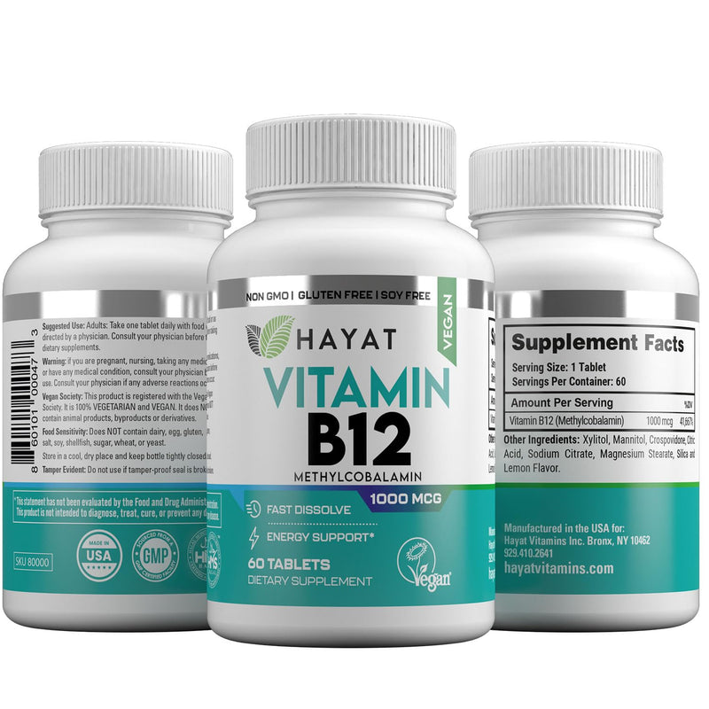 HAYAT Vitamins Vegan Natural Vitamin B12 1000 MCG, Dietary Supplement for Energy Metabolism Support, 2 Month Supply, All Natural, Certified Halal, 60 Tablets, Made in The USA