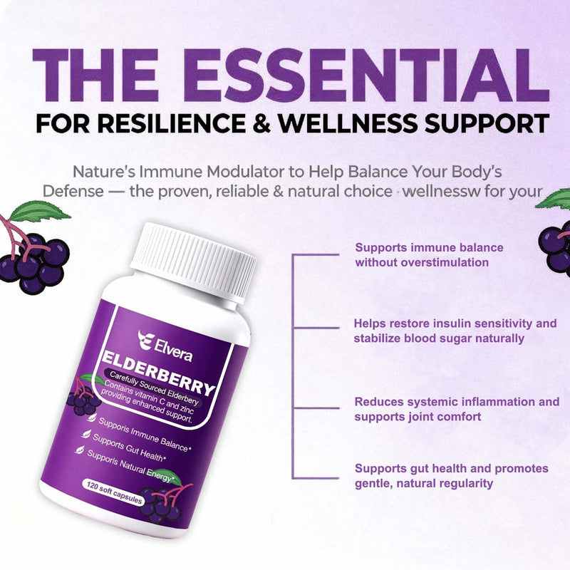 Elderberry - Elvera Elderberry Gut Support, 1200mg Elderberry Extract, Vitamin C, Zinc for Digestive Balance, Immune Support | Vegan, Non-GMO | 120 Soft Capsules 1pc